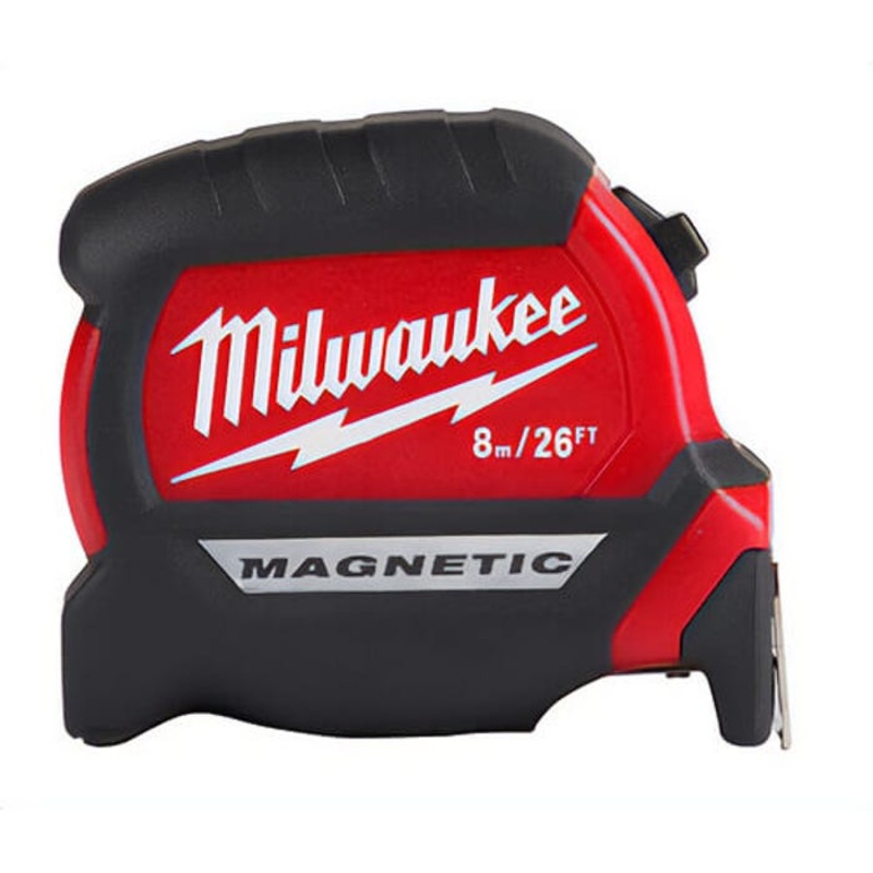 Milwaukee 48-22-0326 Compact Magnetic Wide Measuring Tape with Belt Clip, 26 ft L x 1 in W Blade, Steel Blade