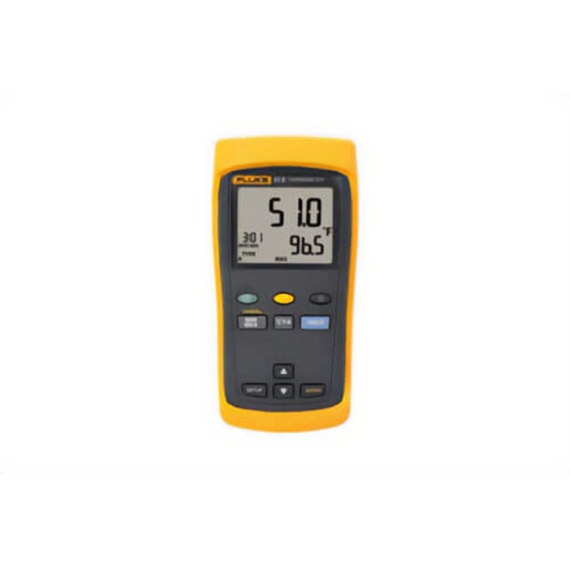 Fluke Digital Thermometer, 210 to 1200 deg C J-Type, 200 to 1372 deg C K-Type, 250 to 400 deg C T-Type, 150 to 1000 deg C E-Type, 200 to 1300 deg C N-Type, 0 to 1767 deg C R and S-Type, Above 100 deg C: J, K, T, E, and N-Type: +/- (0.05% + 0.3deg C), R