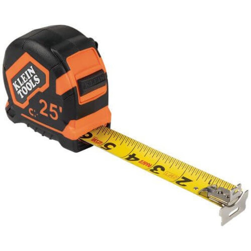 Klein 9225 Closed Case Double Sided Lockable Magnetic Hook Measuring Tape, 25 ft L, Steel Blade, Imperial Measuring System, 1/16 in Graduation