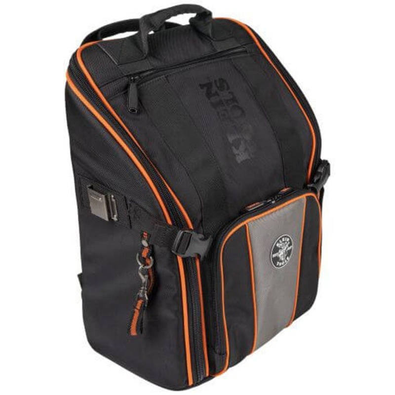 Klein Tradesman Pro 55655 21-Pocket Zipper Closure Tool Bag Backpack with Worklight, 1680D Ballistic Weave, Black/Gray/Orange