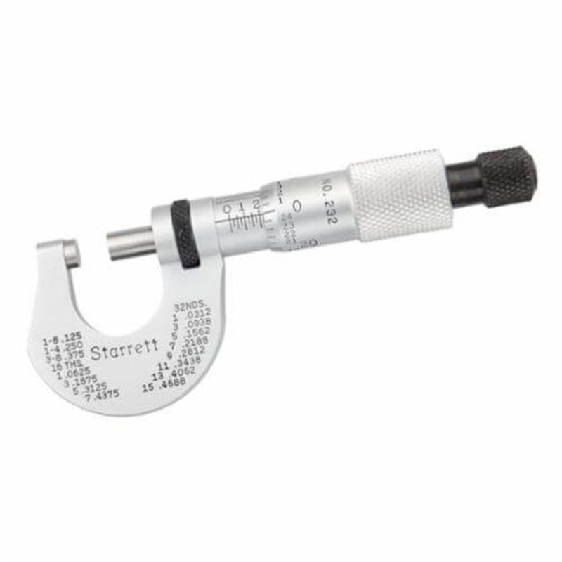 Starrett T232XRL Mechanical Outside Micrometer, 0 to 1/2 in, Graduations: 0.0001 in, Carbide Tip, Satin Chrome