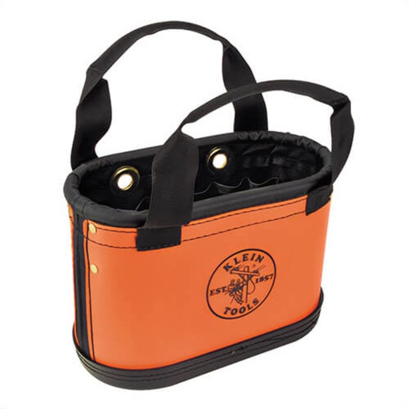 Klein 5144HBS Bucket Bag, Hard Body Oval, 7 in OAW, 14 in Overall Depth, 10 in Overall Height, 15 pocket, Polyester/Polypropylene, Black/Orange