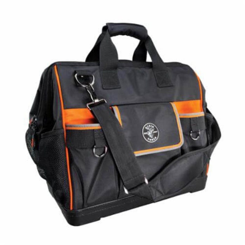 Klein Tradesman Pro 55469 42-Pocket Wide Open Zipper Closure Tool Bag, 1680D Ballistic Weave, Black/Orange