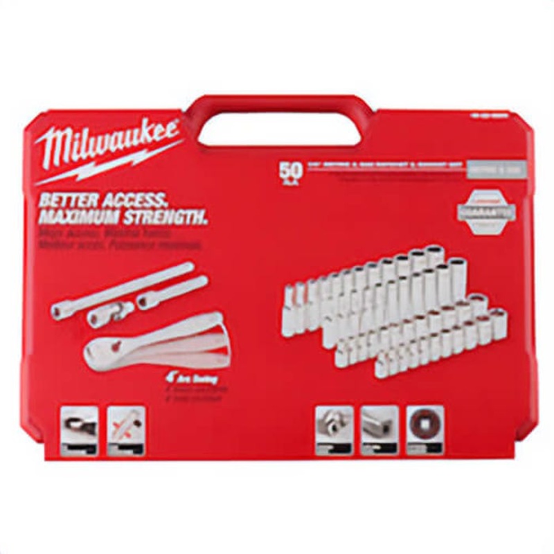 Milwaukee 48-22-9004 Ratchet and Socket Set, Case Tool Storage, 4 Arc Swing, 1/4 in Drive, 50 pc, Steel