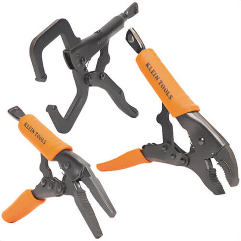 Klein 38664 Locking Pliers Set, C-Clamp, Long Nose, Curved Jaw, Molded Grip Finish, Steel, Orange/Black, 3 pc