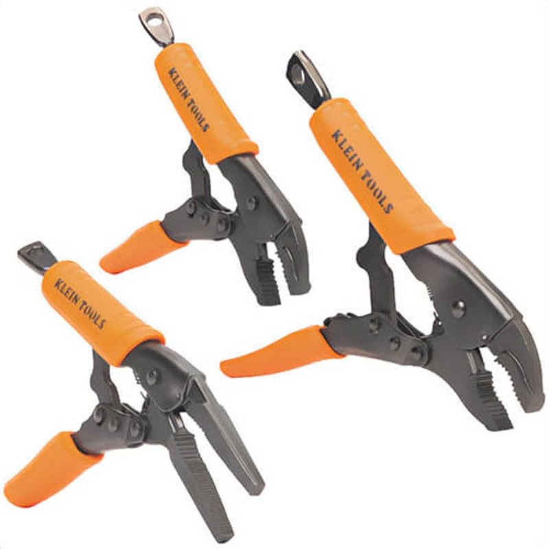 Klein 38665 Locking Pliers, Long Nose, 6 in, Curved Jaw, 7 in and 10 in, Molded Grip Finish, Steel, Orange/Black, 3 pc