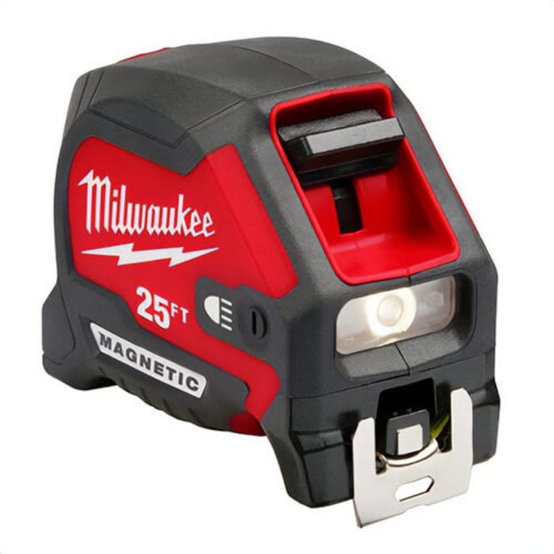 Milwaukee 48-22-0428 Compact Wide Blade Magnetic Tape Measure with Rechargeable Light, Steel Blade