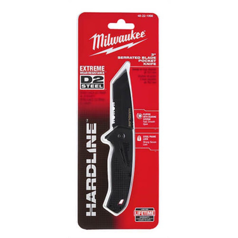 Milwaukee 48-22-1998 Hardline Serrated Blade Pocket Knife, D2 Steel Blade, 3 in