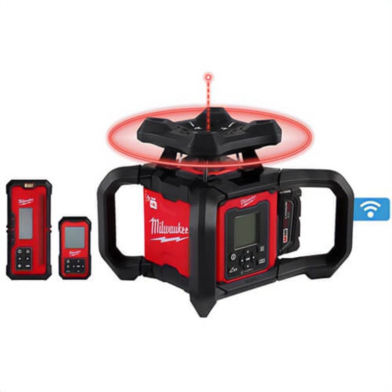 Milwaukee 3704-21 M18 Red Exterior Dual Slope Rotary Laser Level Kit with Receiver and Remote