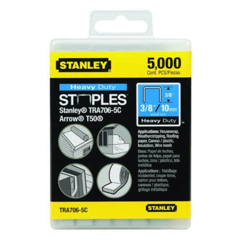 Stanley TRA706-5C TRA700 Heavy Duty Narrow Crown Staples, 3/8 in L Leg, Chisel Point, 27/64 in W Crown, Steel