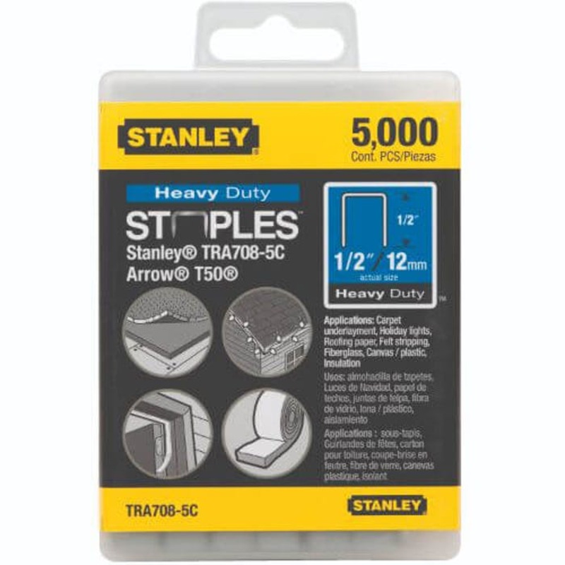 Stanley TRA708-5C TRA700 Heavy Duty Narrow Crown Staples, 1/2 in L Leg, Chisel Point, 27/64 in W Crown, Steel