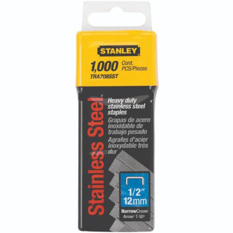 Stanley TRA708SST TRA700 Heavy Duty Narrow Crown Staples, 1/2 in L Leg, Chisel Point, 27/64 in W Crown, Stainless Steel