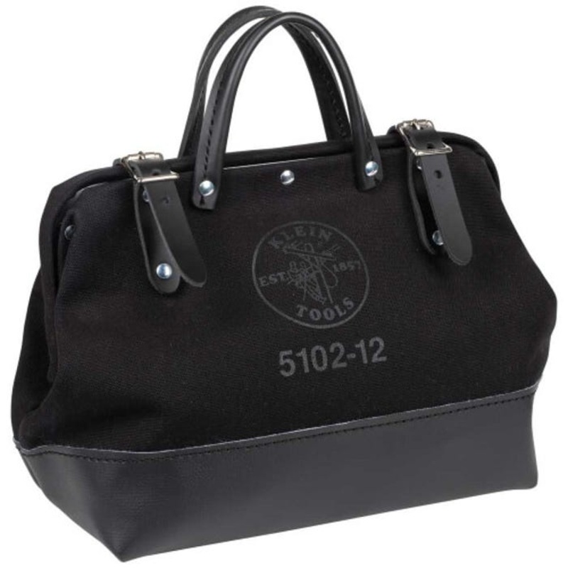 Klein 510212BLK Tool Bag, Canvas, Black, Stitched and Riveted Leather Handles, Black, 12 L x 10 H x 6 W in