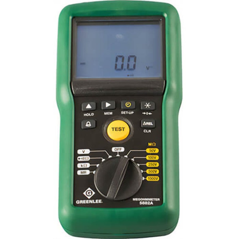 Greenlee 5882A Megohmmeter/Insulation Tester, Hand Held, 1 kV, 15.3 to 800 Hz, 0 Ohm to 1000 kOhm, Digital LCD, Safety Rating Cat IV 600 V