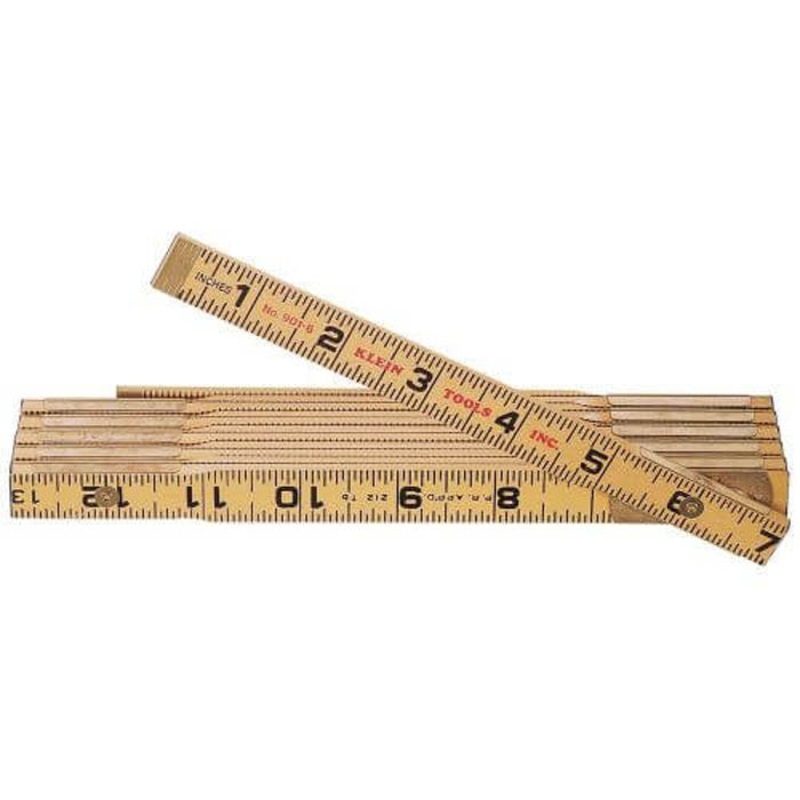 Klein 901-6 Outside Reading Folding Rule, Graduations 1/16 in, 6 ft L, Wood, Black/Yellow
