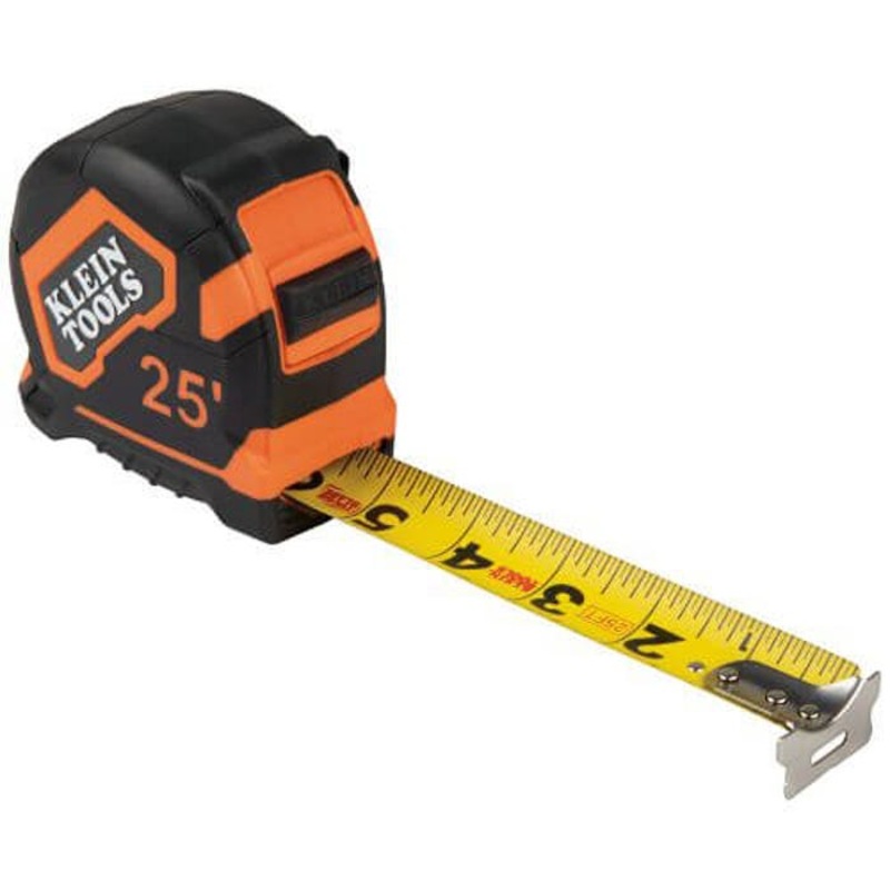 Klein 9125 Closed Case Single Sided Non-Magnetic Hook Measuring Tape, 25 ft L, Steel Blade, Imperial Measuring System, 1/16 in Graduation