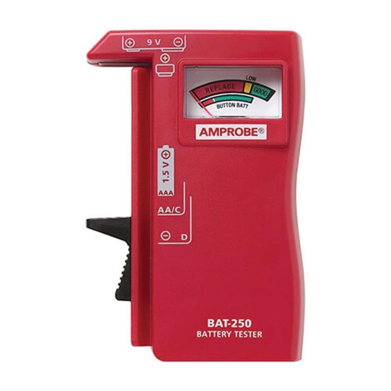 Amprobe BAT-250 Battery Tester, 1-Handed, 375 mA at 9 VAC, 40 mA at 1.5V AC Electrical Rating, 4/215 Ohm Resistance