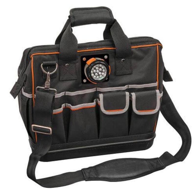 Klein Tradesman Pro 55431 Zipper Closure Organizer Lighted Tool Bag, 1680D Ballistic Weave, Black/Orange