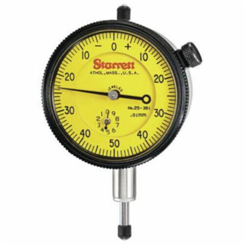 Starrett 25-381J 25 Series AGD Group 2 Continuous dial dial Indicator, 10 mm, 0 to 50 to 0 dial Reading, 0.01 mm, 2-1/4 in dial, 13/64 in dia Tip