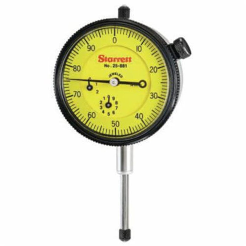 Starrett 25-881J-8 25 Series AGD Group 2 Continuous dial dial Indicator, 25 mm, 0 to 100 dial Reading, 0.01 mm, 2-1/4 in dial, 13/64 in dia Tip