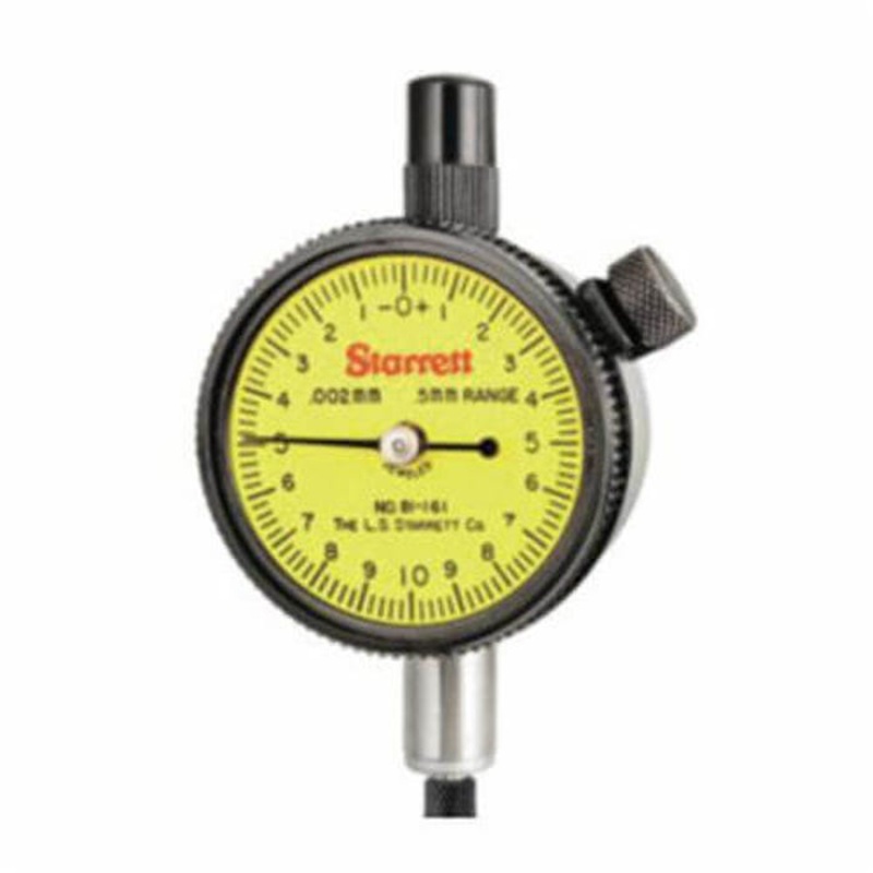 Starrett 81-161J 81 Series AGD Group 1 dial Indicator, 0.5 mm, 0 to 10 to 0 dial Reading, 0.002 mm, 1-11/16 in dial, 13/64 in dia Tip