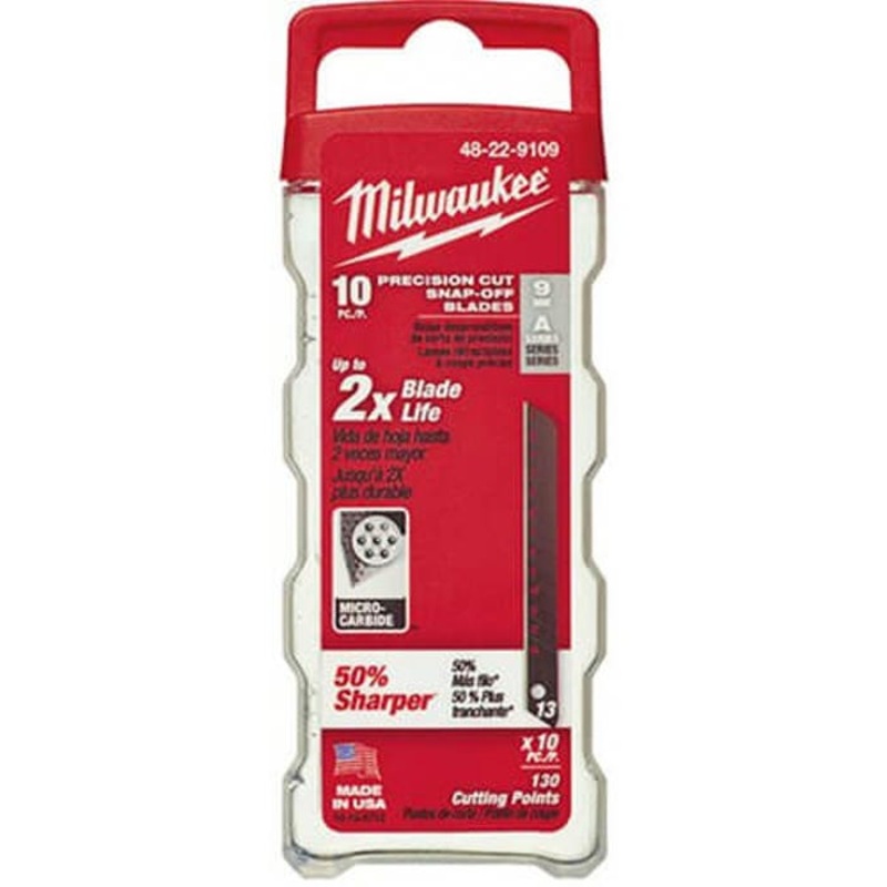 Milwaukee 48-22-9109 Pro 10 pc Precision Utility Knife Blade with Dispenser, Micro Carbide Metal, Snap-Off, 4-7/8 in L x 9 mm W Blade