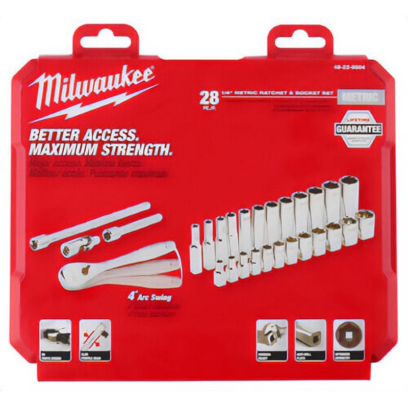 Milwaukee 48-22-9504 Ratchet and Socket Set, Case Tool Storage, 4 Arc Swing, 1/4 in Drive, 28 pc, Steel