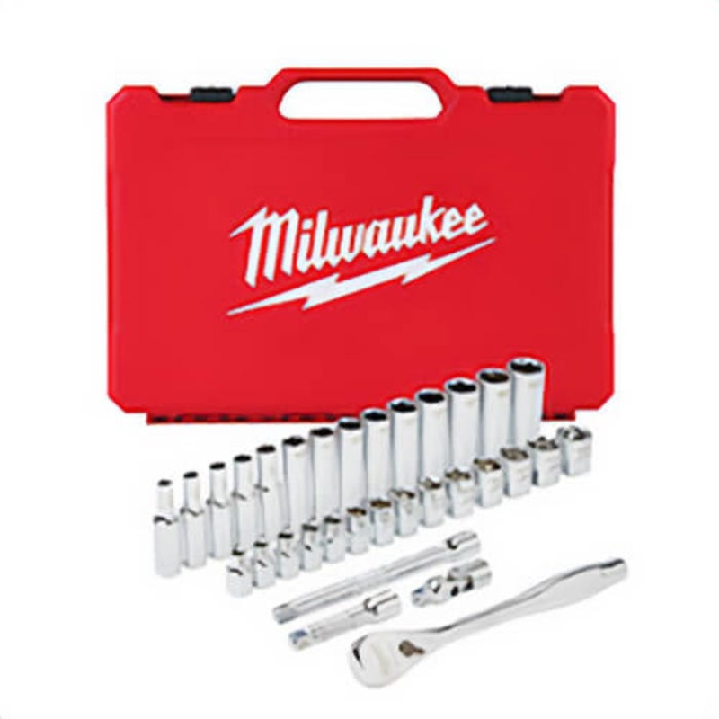 Milwaukee 48-22-9508 Ratchet and Socket Set, Case Tool Storage, 4 Arc Swing, 3/8 in Drive, 32 pc, Steel