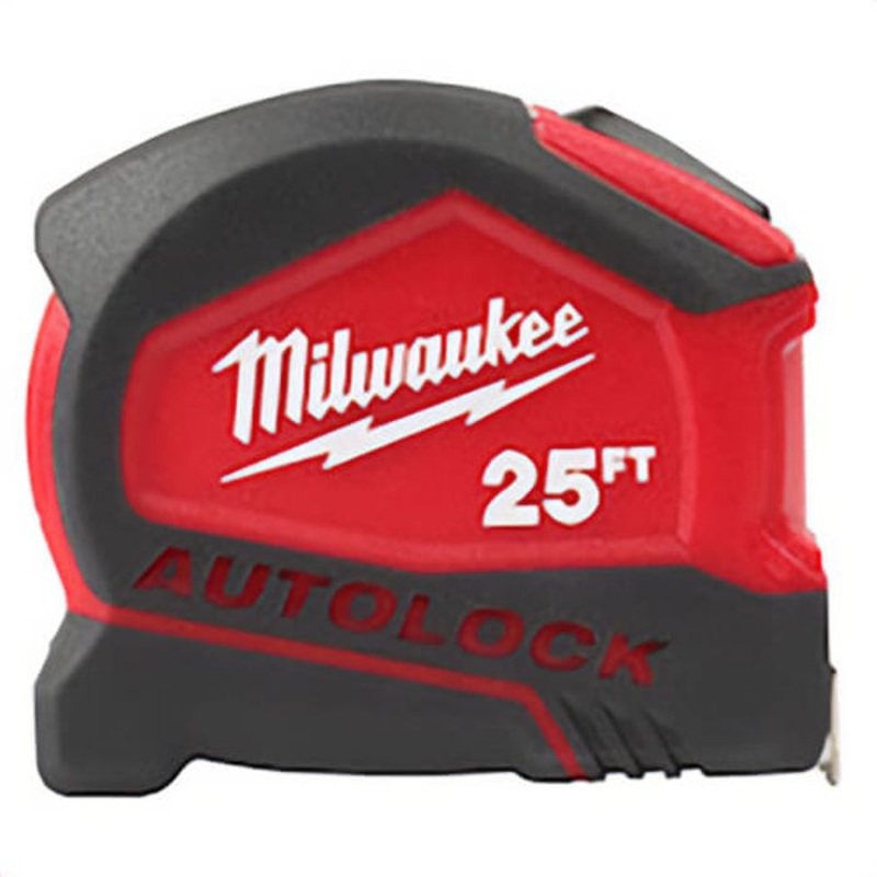 Milwaukee Autolock 48-22-6825 Compact Autolock Measuring Tape with Belt Clip, 25 ft L x 27 mm W Blade, Steel Blade, 1/16 in Graduation