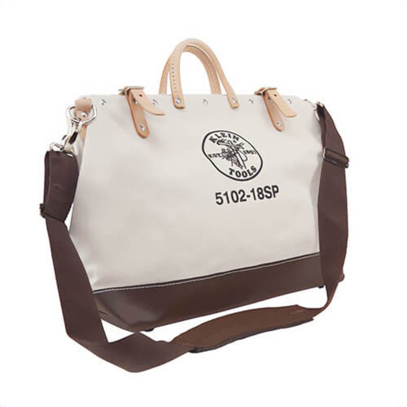 Klein 5102-18SP Tool Bag, Deluxe, 18 in L x 6 in W x 14 in D Outside, #8 Canvas, Natural, Brown/Tan, 13 Compartments, Riveted Handle