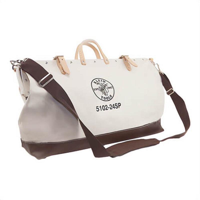 Klein 5102-24SP Tool Bag, Deluxe, 24 in L x 6 in W x 15 in H Outside, #8 Canvas, Natural, Brown/Tan, 17 Compartments, Riveted Handle