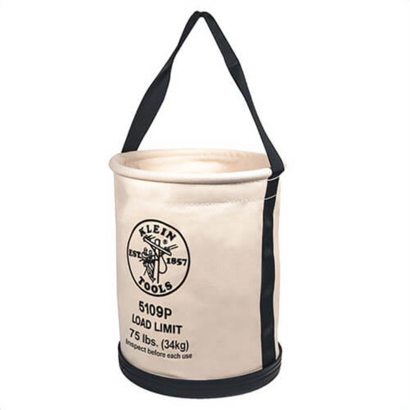 Klein 5109P Straight Wall Bucket, Wide Opening, 12 in dia, 15 in Overall Height, 1 Pocket, 75 lb, #6 Canvas, Natural