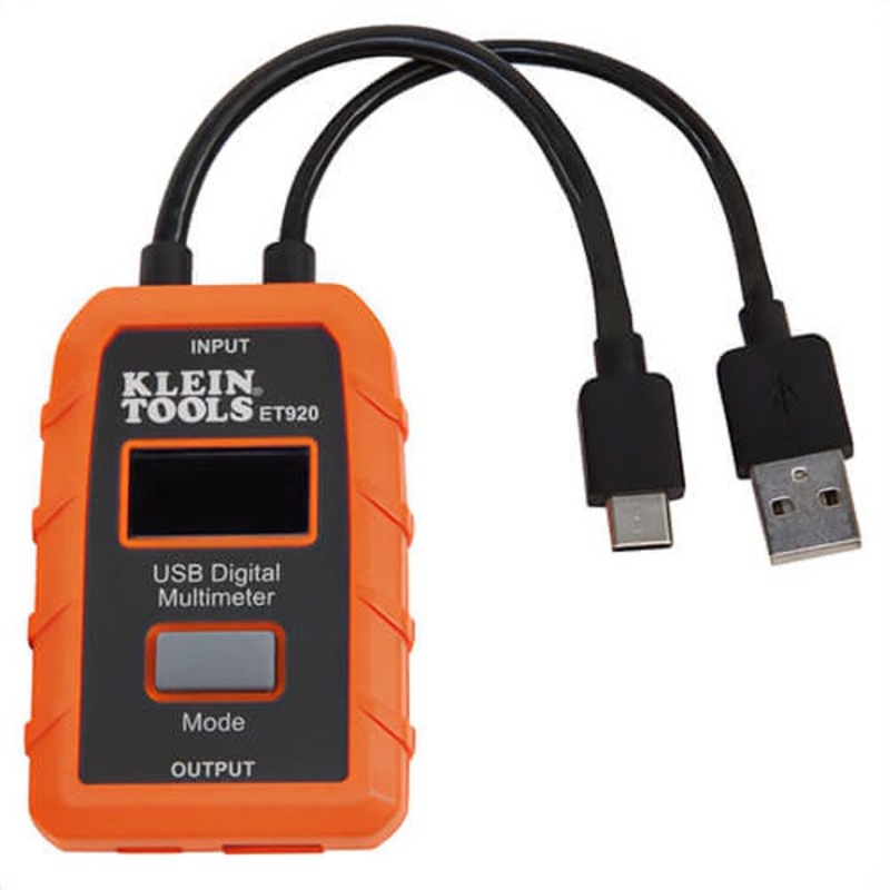 Klein ET920 USB Digital Meter, 3 to 20V DC, 0.05 to 3/0.05 to 5 A, 400 Ohm, LCD Display, USB-A/C Interface, IP20, Polymer