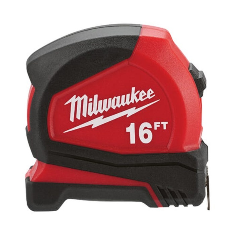 Milwaukee 48-22-6616 Compact Measuring Tape with Belt Clip, 16 ft L x 25 mm W Blade, Steel Blade, 1/16 in, 1/8 in, 1/4 in, 1/2 in Graduation