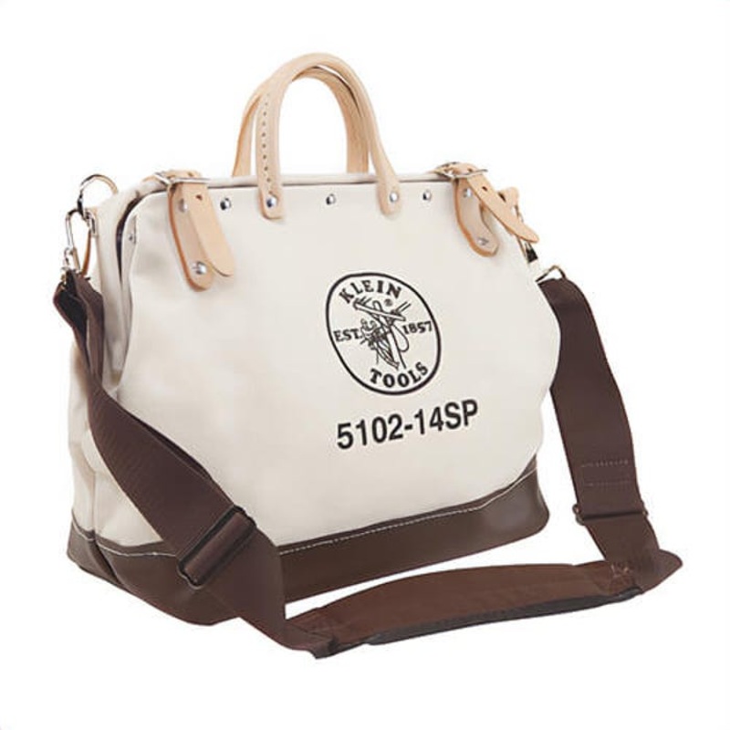 Klein 5102-14SP Tool Bag, Deluxe, 14 in L x 6 in W x 10 in H Outside, Canvas, Natural, Brown/Tan, 10 Compartments, Riveted Handle