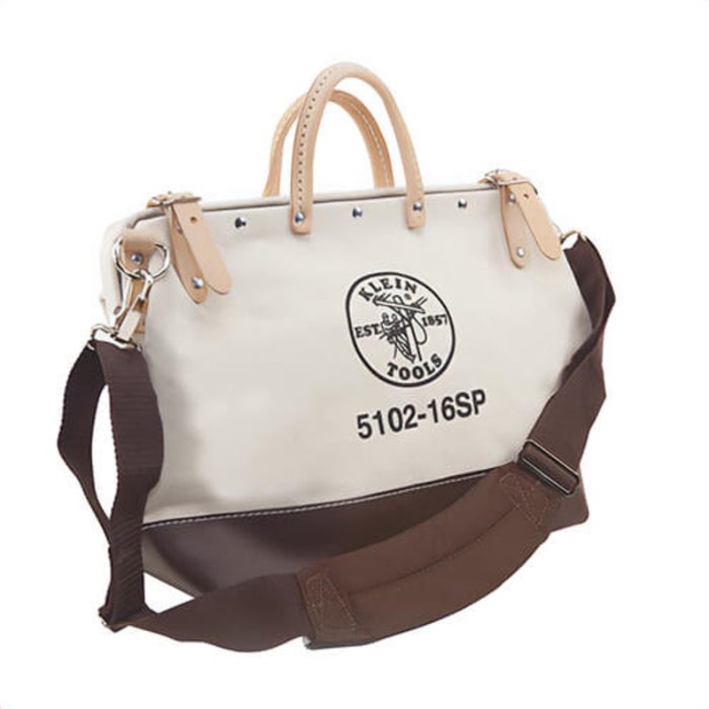 Klein 5102-16SP Tool Bag, Deluxe, 16 in L x 6 in W x 14 in H Outside, #8 Canvas, Natural, Brown/Tan, 13 Compartments, Riveted Handle