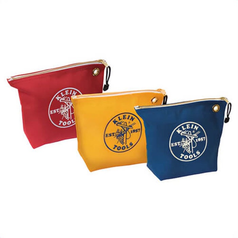 Klein 5539CPAK Zipper Bag, Assorted, 10 in L x 3-1/2 in W x 8 in H Outside, Canvas, Blue/Red/Yellow, 1 Compartment