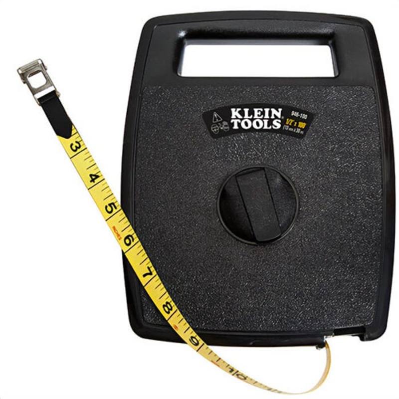 Klein 946-100 Measuring Tape, Measuring System: Imperial, 100 ft Blade Length, 1/2 in Blade Width, Woven Fiberglass Blade