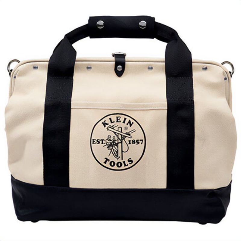 Klein 5003-18 Tool Bag, Heavy Duty Leather Bottom, 18 in L x 6 in W x 14 in D Outside, Canvas, Black/Tan, 11 Compartments