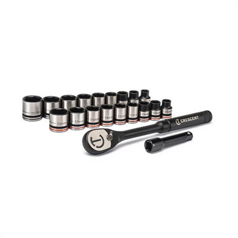 Crescent CSWS38B Mechanic's Tool Set, Imperial/Metric Standard, 3/8 in Drive, 6 Point, 20 pc