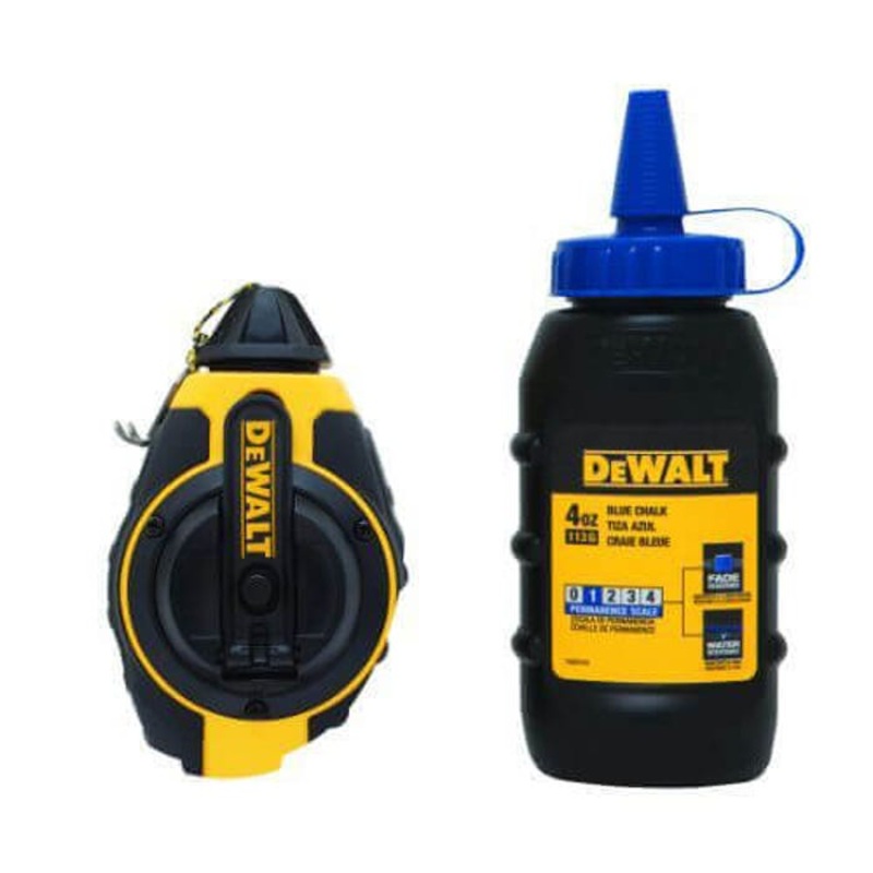 DeWALT DWHT47373L Chalk Line Reel with Blue Chalk, 100 ft L Polyester Line, 4 oz Chalk, Sliding Door, Folding Crank Handle