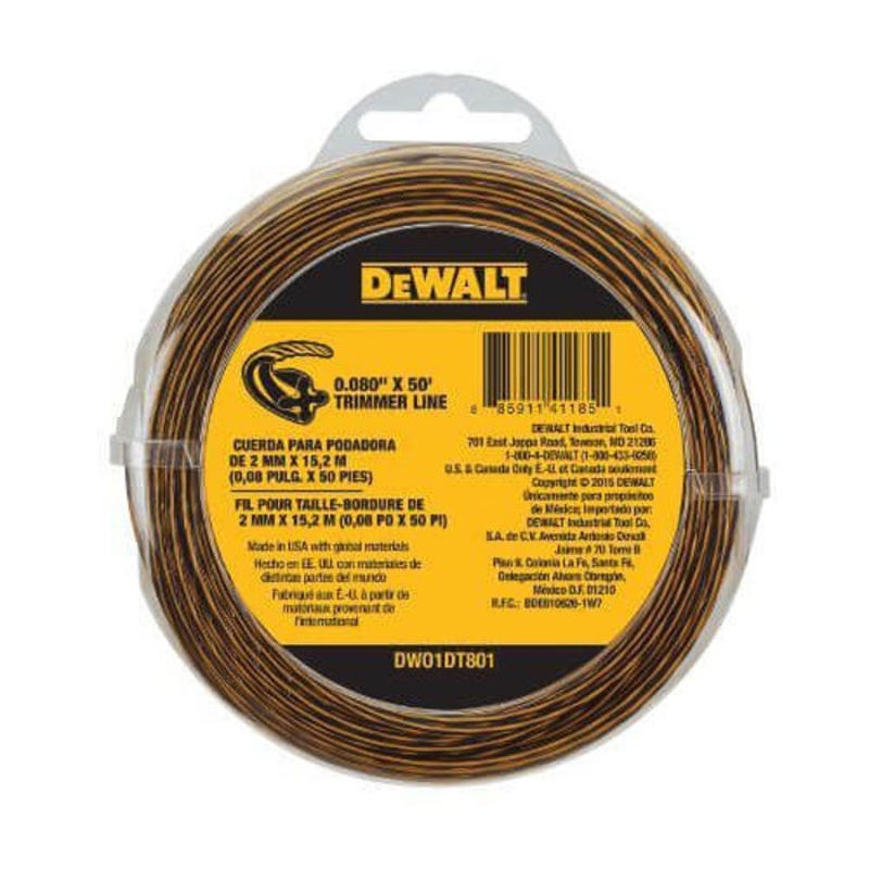 DeWALT DWO1DT801 String Trimmer Line, 0.08 in dia x 50 ft L, For Use with Edging Grass Trimmer, Yellow