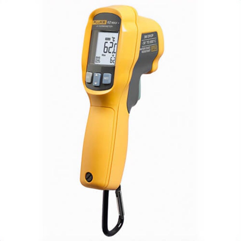 Fluke Infrared Thermometer, Handheld, -22 to 1202 deg F, +/-1.0 deg C or +/-1.0% of Reading, Whichever is Greater, -10 to 0 deg C: +/-2.0, -30 to -10 deg C: +/-3.0 Accuracy, 0.2 deg F Resolution, 12:1 Focus Spot, 0.1 to 1 micron Emissivity, Dual Laser S