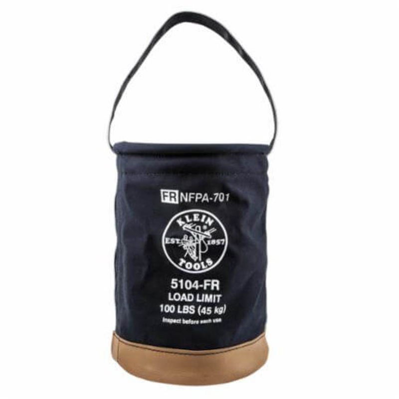 Klein 5104FR Flame-Retardant Bucket Bag, 17 in H x 12 in W, 1 Pocket, #4 Canvas, Black