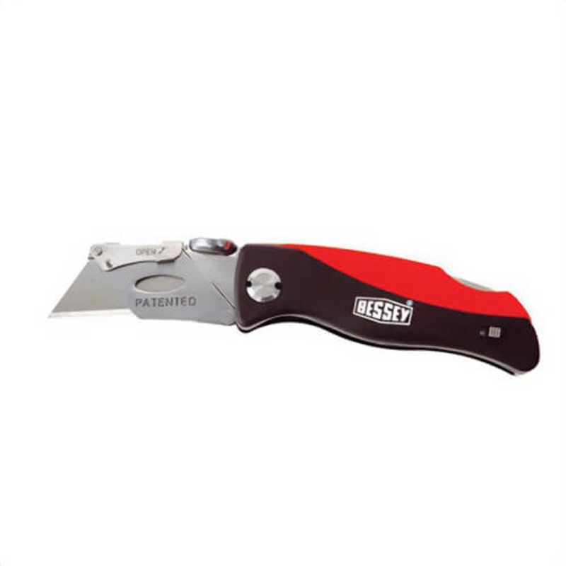 Bessey D-BKPH Folding Utility Knife with Belt Clip, Plastic Handle Lock and Fold, Lockable Blade, Steel Blade, 5 Blades Included