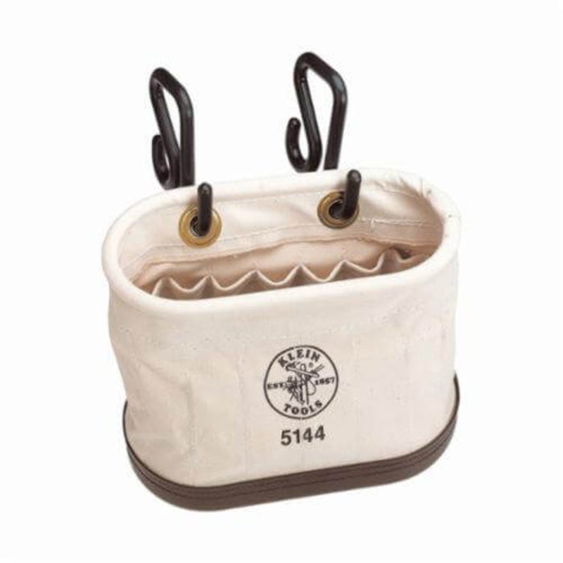 Klein 5144 Oval Shape Aerial Tool Bucket with Hooks, 10 in H x 7 in W x 14 in D, 15 pocket, Canvas, Natural