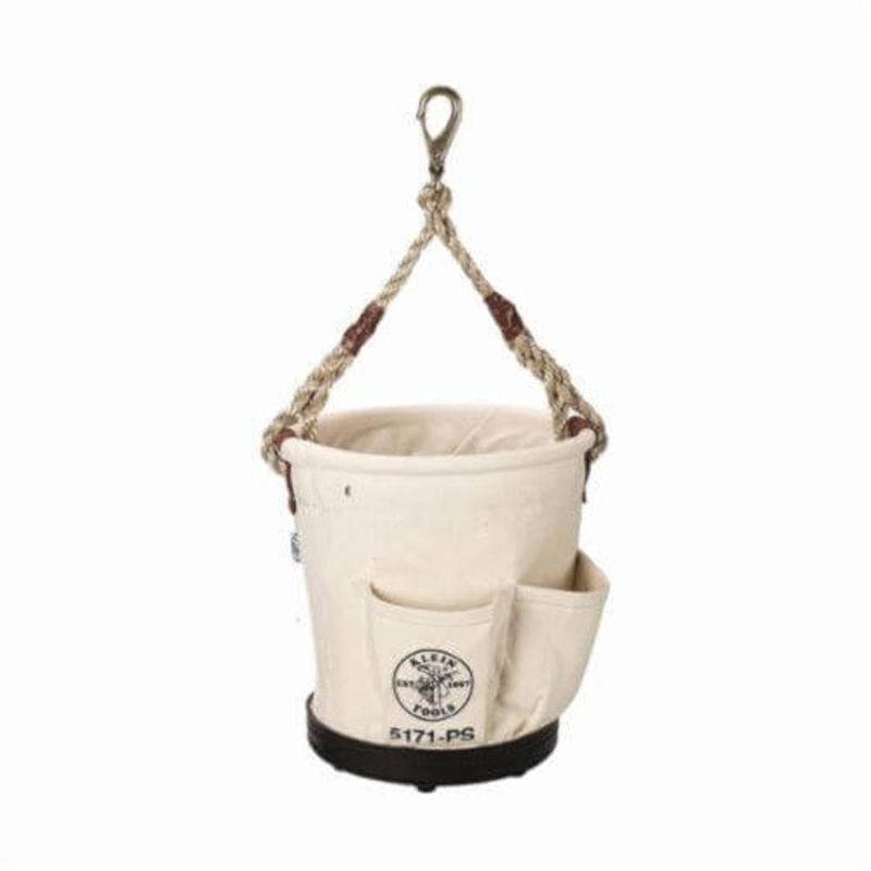 Klein 5171PS Heavy Duty Tapered Wall Bucket, 12 in H, 4 pocket, #4 Canvas, Natural