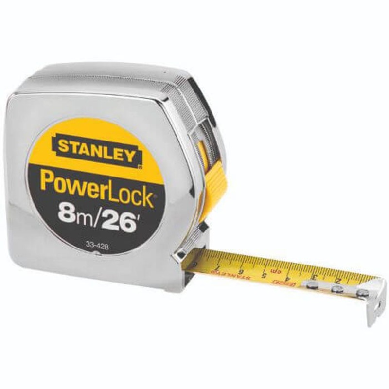 Stanley PowerLock 33-428 Tape Rule, Mylar Polyester Film/BladeArmor Blade, Metric/SAE Measuring System, 26 ft L x 1 W in Blade