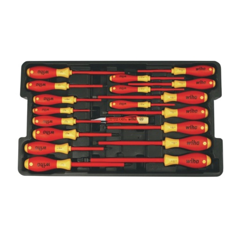 Wiha Tools (19-Piece) Insulated SoftFinish Screwdriver and Cat III Voltage Detector Set with Toolbox Tray - 32095