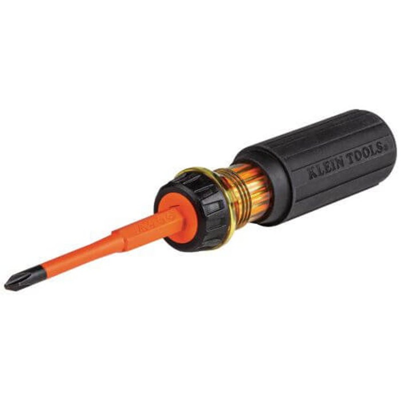 Klein 32293 2-in-1 Flip Blade Screwdriver, #2, 1/4 in Range, Phillips/Slotted Point, Cushion Grip Handle, Induction Hardened Steel, ASTM F1505